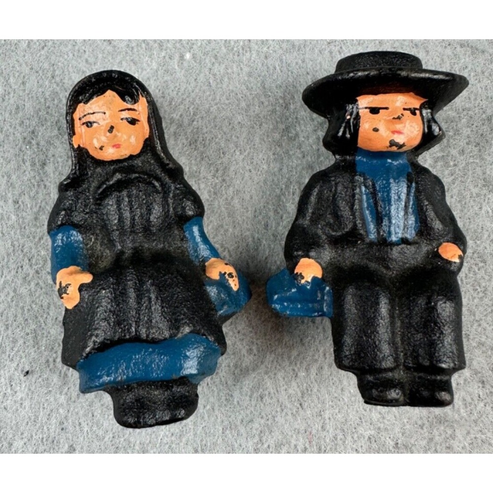 Hand Painted Set Of Vintage Cast Iron AMISH People Figurines Shelf Sitters 2"